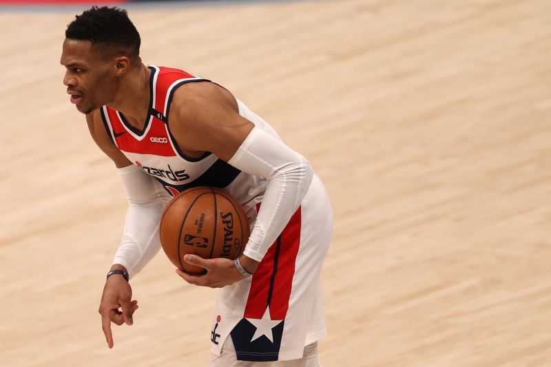 Russell Westbrook #4 of the Washington Wizards looks to pass against the New York Knicks during the first half at Capital One Arena on February 12, 2021