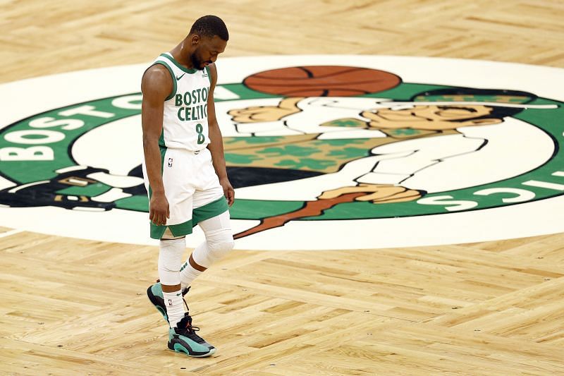 Kemba Walker of the Boston Celtics looks on during the fourth quarter against the Los Angeles Lakers at TD Garden