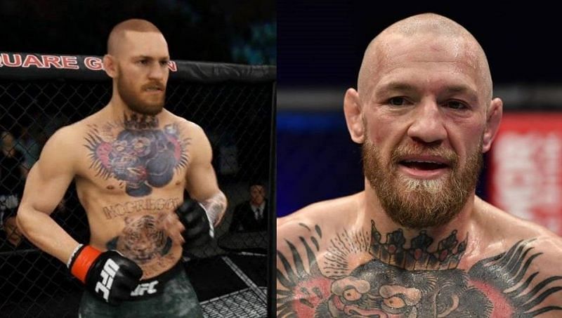 Conor McGregor (left) is a video game character in EA Sports UFC 4; Conor McGregor (right) at UFC 257