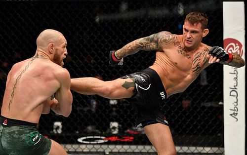 Dustin Poirier (R) landed several calf kicks on Conor McGregor (L) during their UFC 257 rematch