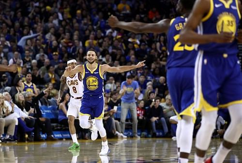 The Golden State Warriors' Steph Curry celebrates against the Cleveland Cavaliers