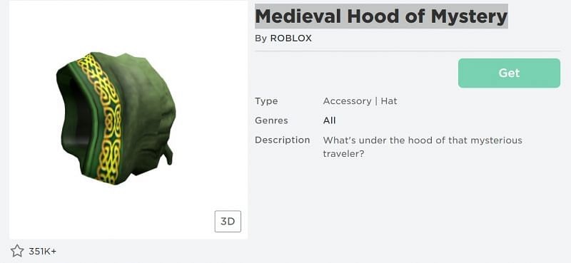The Medieval Hood of Mystery accessory from the Roblox Avatar Shop. (Image via Roblox.com)