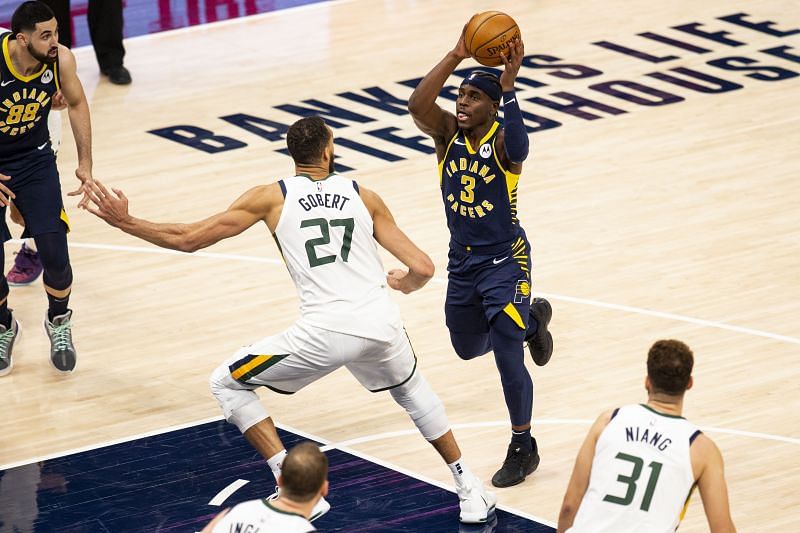Rudy Gobert of the Utah Jazz in action against the Indiana Pacers