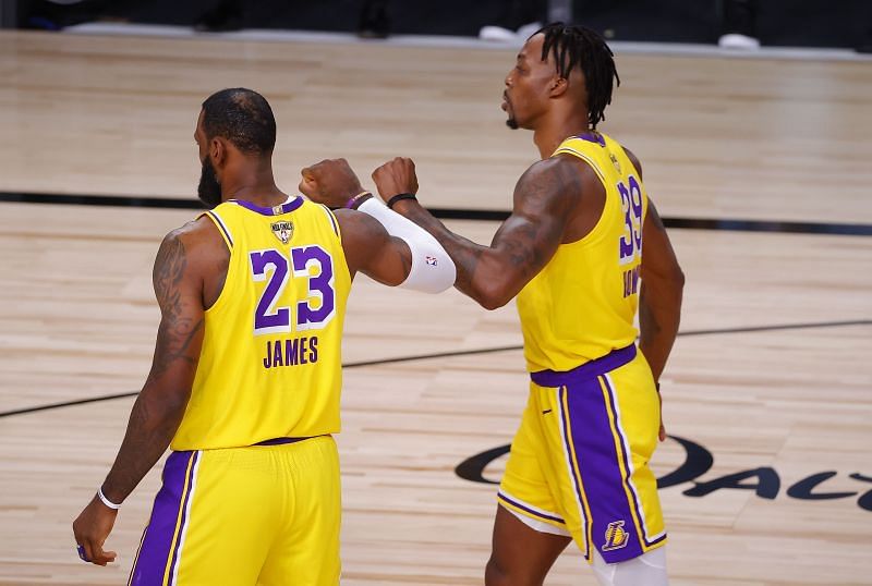 LeBron James #23 of the Los Angeles Lakers and Dwight Howard #39 of the Los Angeles Lakers during the 2020 NBA Finals.