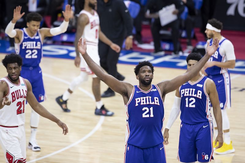 Joel Embiid #21 of the Philadelphia 76ers reacts in a game against the Chicago Bulls