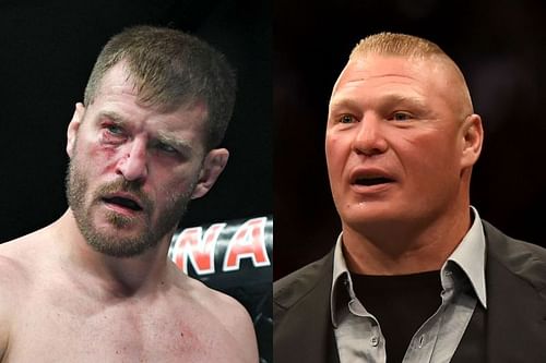 Stipe Miocic (L) did not get an opportunity to express his thoughts in the post-fight interview following Brock Lesnar's (R) entry in the octagon.