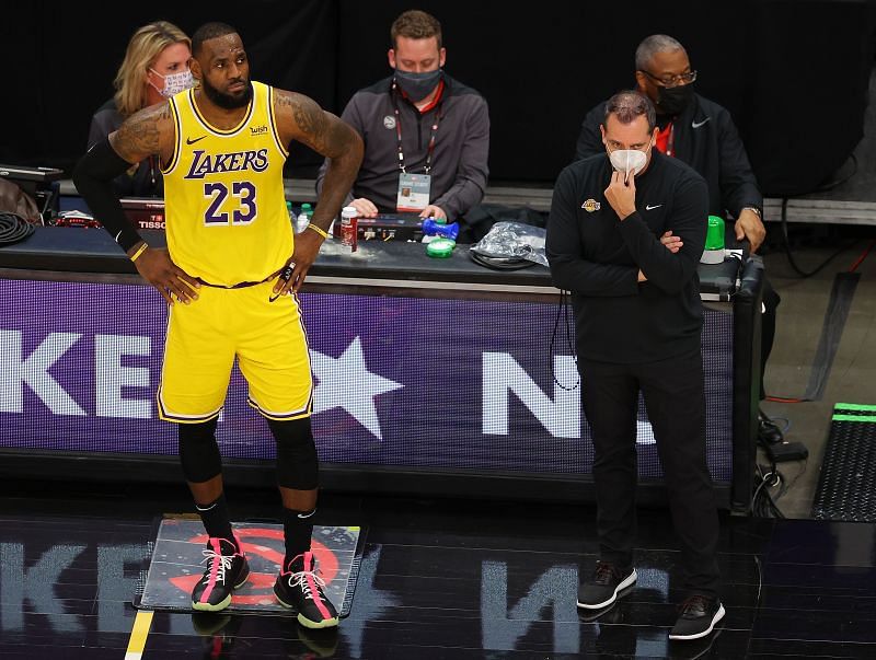 Head coach Frank Vogel of the Los Angeles Lakers stands with LeBron James #23 against the Atlanta Hawks during the second half at State Farm Arena on February 01, 2021 in Atlanta, Georgia.