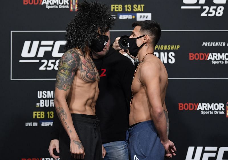 Chris Gutierrez (Right) and Andre Ewell (Left) during UFC 258 ceremonial weigh-ins