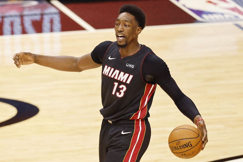 NBA DFS option Bam Adebayo #13 of the Miami Heat