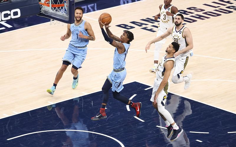 Ja Morant #12 of the Memphis Grizzlies shoots the ball against the Indiana Pacers at Bankers Life Fieldhouse on February 02, 2021 in Indianapolis, Indiana. (Photo by Andy Lyons/Getty Images)