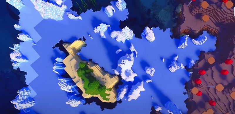 An island trapped in the middle of ice spikes and snow (Image via Minecraft &amp; Chill/YouTube)