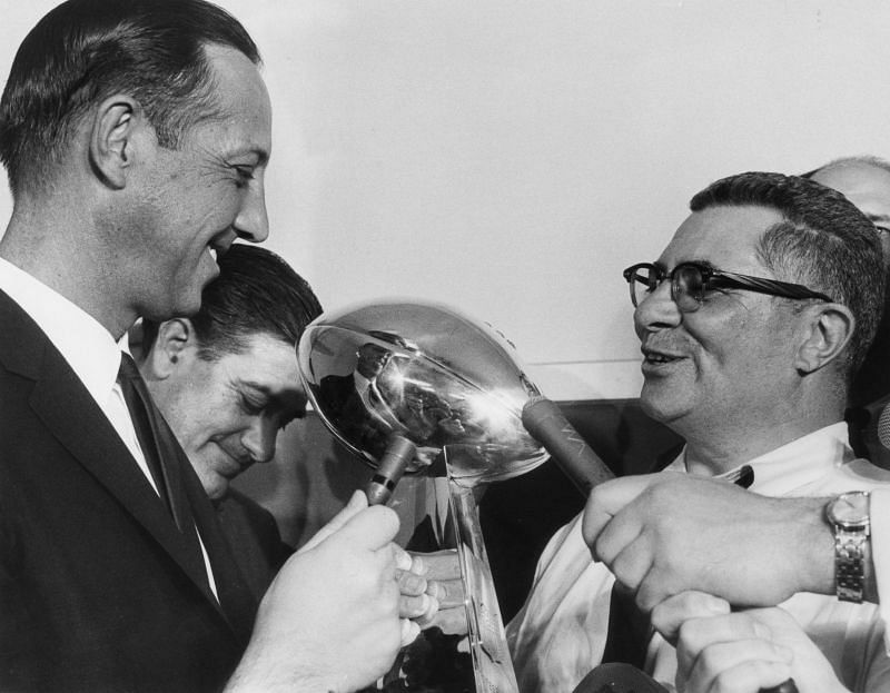 Pete Rozelle and Coach Vince Lombardi, with the Super Bowl trophy