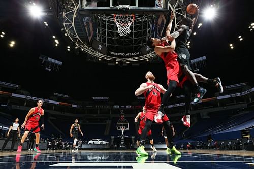 Minnesota Timberwolves forward Anthony Edwards dunks on the Toronto Raptors' Yuta Watanabe. [Image:NBA.com]