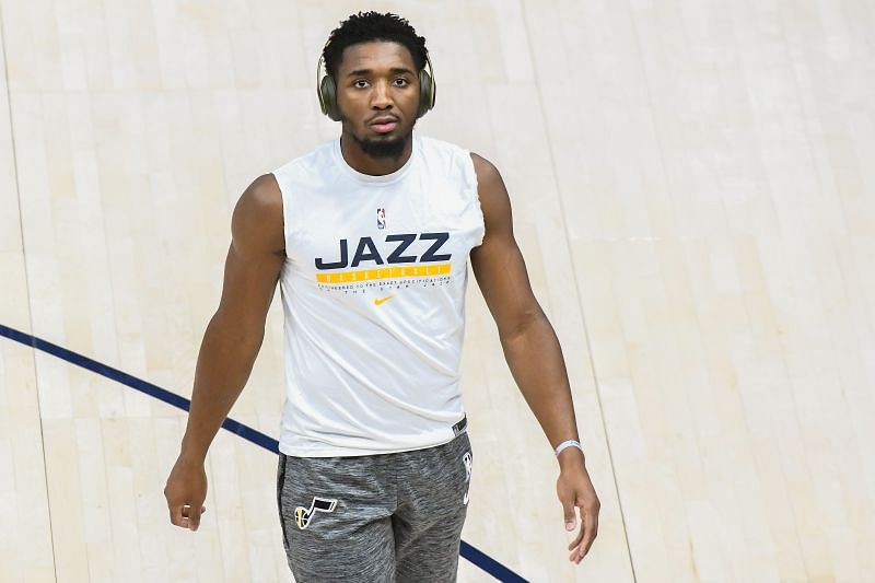 Donovan Mitchell #45 of the Utah Jazz warms up before a game against the LA Clippers 