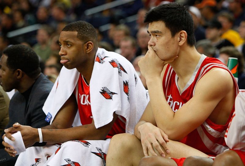 Yao Ming #11 and Tracy McGrady #1 of the Houston Rockets.