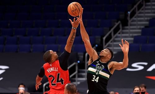 Giannis Antetokounmpo #34 of the Milwaukee Bucks will hope for better results in the rematch against the Toronto Raptors tonight