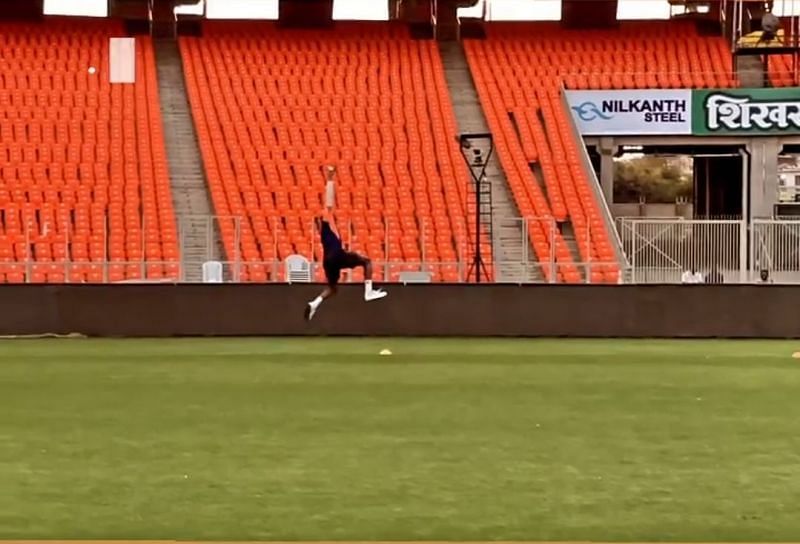 Hardik Pandya took a brilliant catch during India&#039;s practice session in Ahmedabad