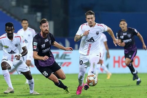 NorthEast United FC and Odisha FC players in action in their previous ISL clash (Image Courtesy: ISL Media)
