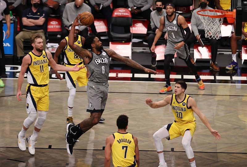 Deandre Jordan #6 of the Brooklyn Nets attempts a dunk against the Indiana Pacers