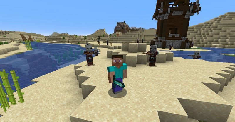 Steve surrounded by Illagers in Minecraft. (Image via Minecraft)