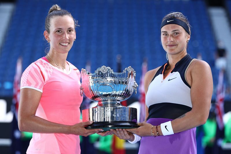 Elise Mertens (left) and Aryna Sabalenka with the Australian Open women&#039;s doubles trophy