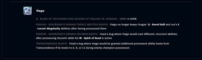 Viego&#039;s latest hotfix (Image via Riot Games - League of Legends)