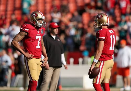 Kaepernick (7) and Smith (11), with the San Francisco 49ers