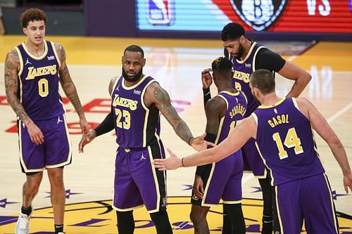 LeBron James #23 of the Los Angeles Lakers celebrates his dunk against the Memphis Grizzlies at Staples Center on February 12, 2021 in Los Angeles, California. (Photo by Meg Oliphant/Getty Images)