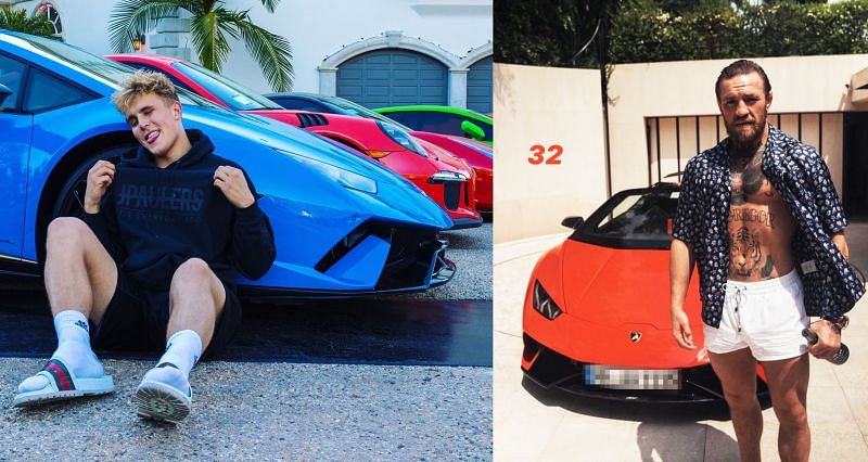 Jake Paul (Left) and Conor McGregor (Right) with their Lamborghini cars