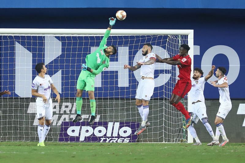 Chennaiyin FC&#039;s goalkeeper Vishal Kaith makes a save against NorthEast United FC in their previous ISL match (Image Courtesy: ISL Media)