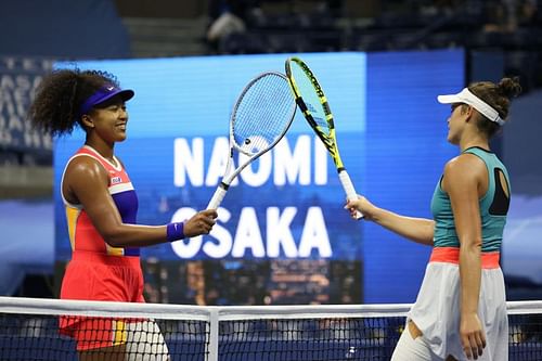 Naomi Osaka (L) and Jennifer Brady after their US Open 2020 semifinal match