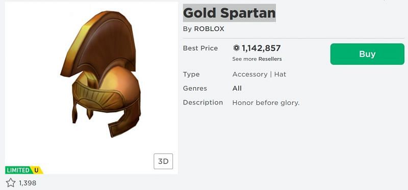 The Gold Spartan accessory from the Roblox Avatar Shop. (Image via Roblox.com)