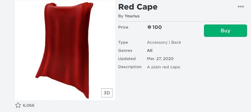 The Red Cape back accessory from the Roblox Avatar Shop (Image via Roblox.com)