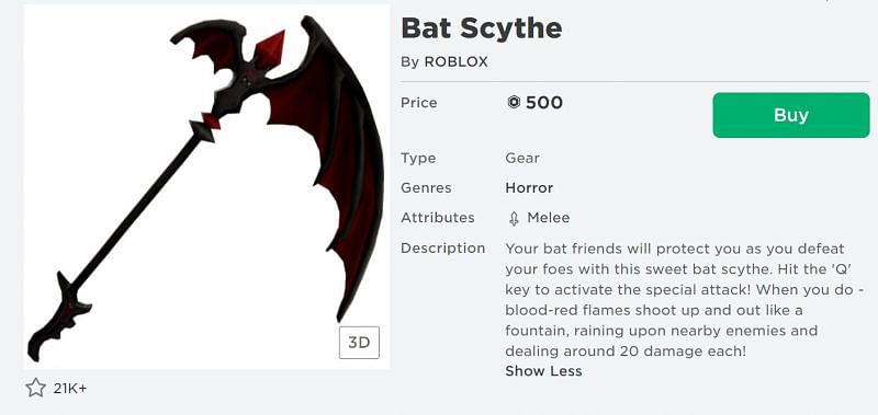 &nbsp;The Bat Scythe gear piece from the Roblox Avatar Shop. (Image via Roblox.com)
