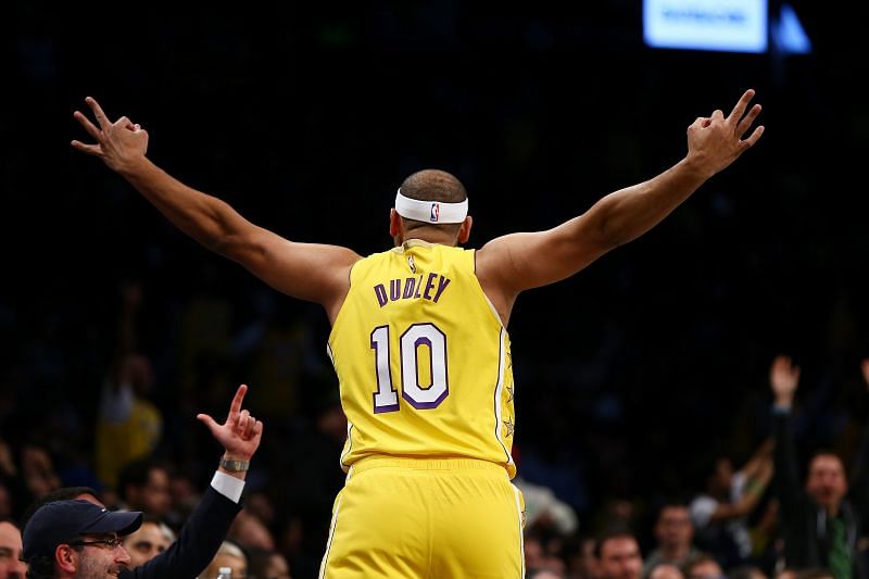 Jared Dudley celebrates three for Los Angeles Lakers