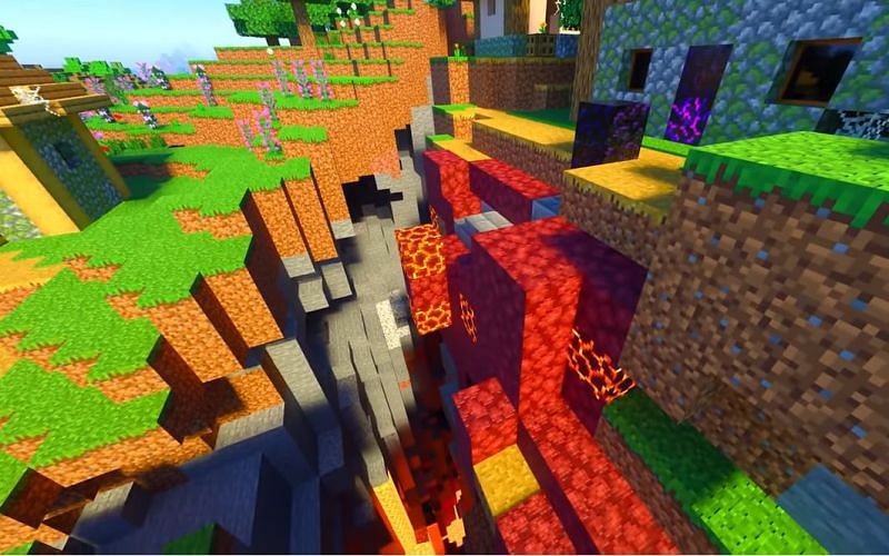 A scary-looking ravine in a Minecraft village thanks to the broken Ruined Portal generation (Image via Minecraft &amp; Chill/YouTube)