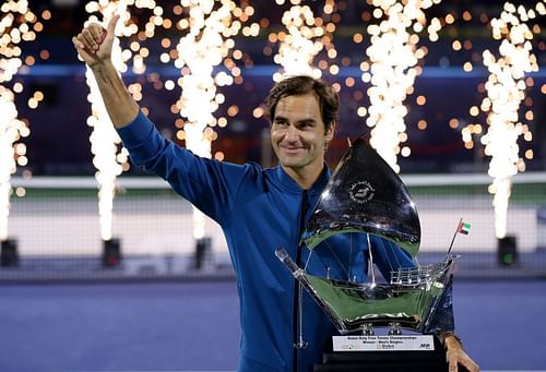 Roger Federer with the trophy at the Dubai Duty Free Championships in March 2019