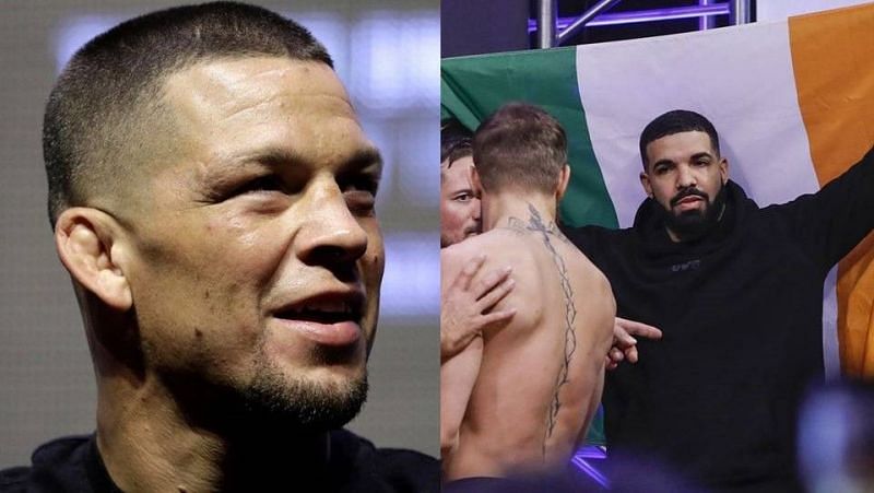 Nate Diaz (left); Drake (right) with Conor McGregor at the UFC 229 weigh-ins