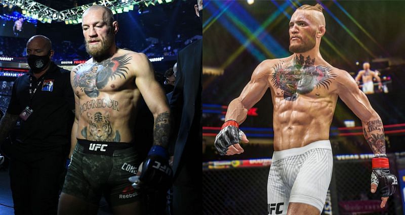 Conor McGregor at UFC 258 (Left) and his throwback version in EA Sports UFC 4 depicting UFC 178 appearance (Right)