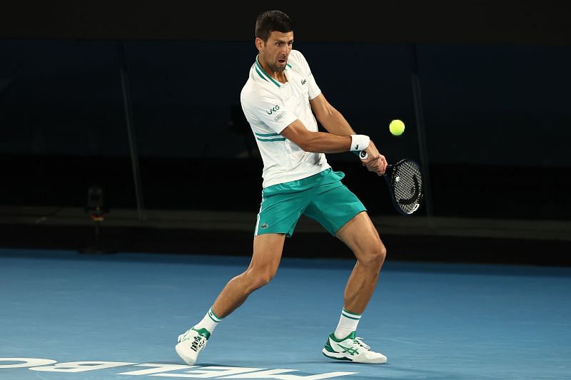 Novak Djokovic in action against Milos Raonic