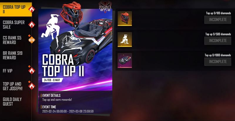 Cobra Top Up II event in Free Fire