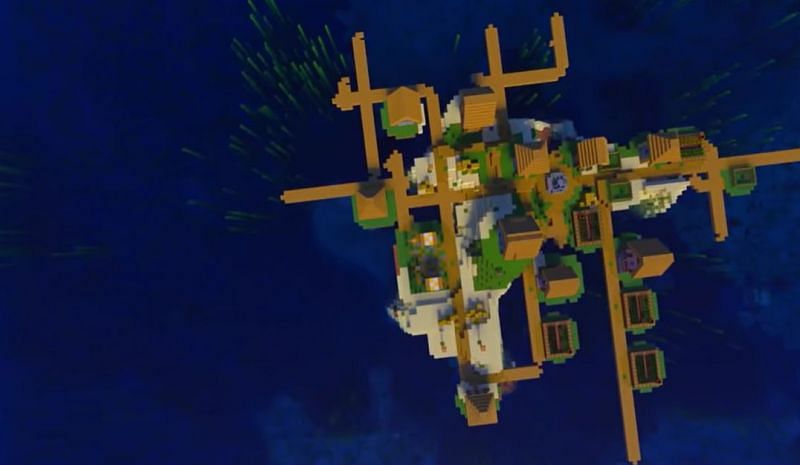 A sprawling fishing village island filled with docks in Minecraft (Image via Minecraft &amp; Chill/YouTube)