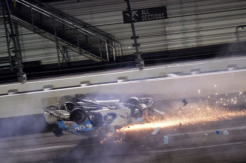 Daytona 500 favorite Ryan Newman slides on his roof in the 2020 Daytona 500. Photo/Getty Images.