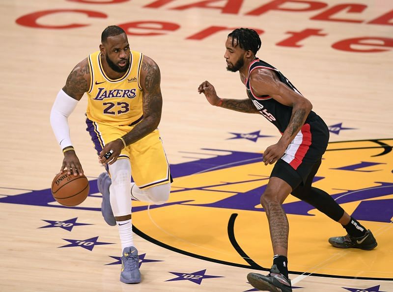 LeBron James of the LA Lakers in action against the Portland Trail Blazers