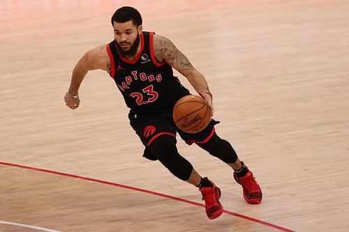 Fred VanVleet #23 of the Toronto Raptors dribbles forward