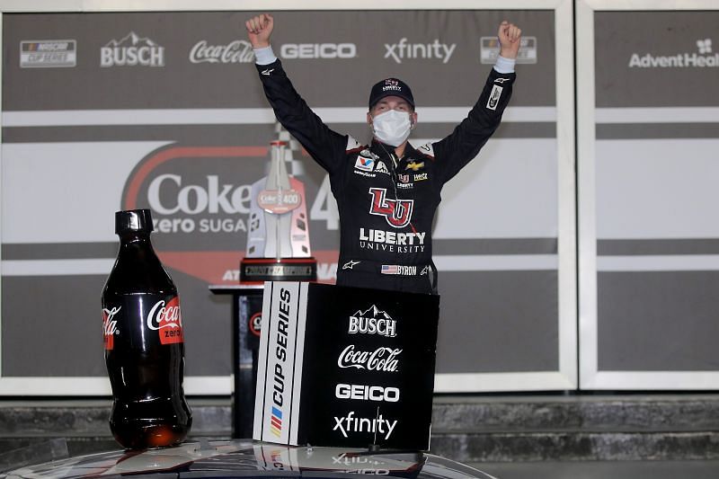 William Byron celebrates winning the 2020 Coke Zero Sugar 400. (Photo by Chris Graythen/Getty Images)