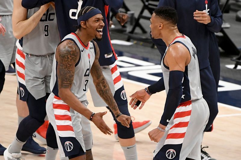 Bradley Beal celebrates with teammate Russell Westbrook