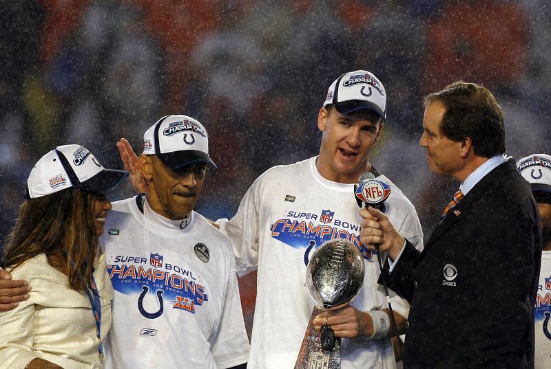Peyton Manning and Tony Dungy celebrate their Super Bowl Championship