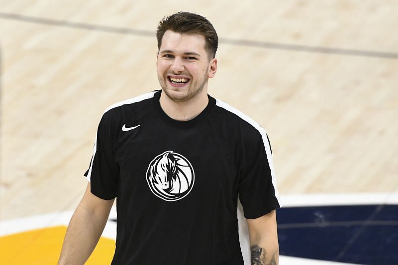 Luka Doncic #77 of the Dallas Mavericks warms up before a game against the Utah Jazz