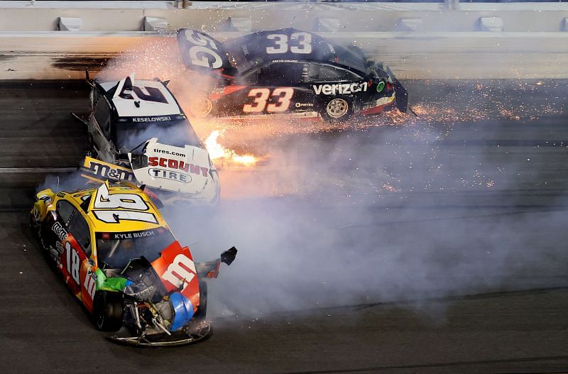 Kyle Busch&#039;s No. 18 was involved in the final lap wreck at Daytona 500. Photo by James Gilbert/Getty Images